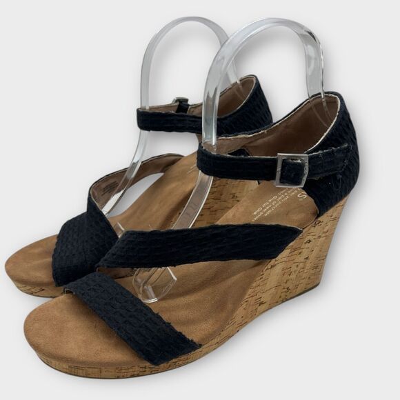Women's Black Weave/Cork Toms Clarissa Strappy Peep Toe Wedge Sandals Size 10 - Picture 1 of 9